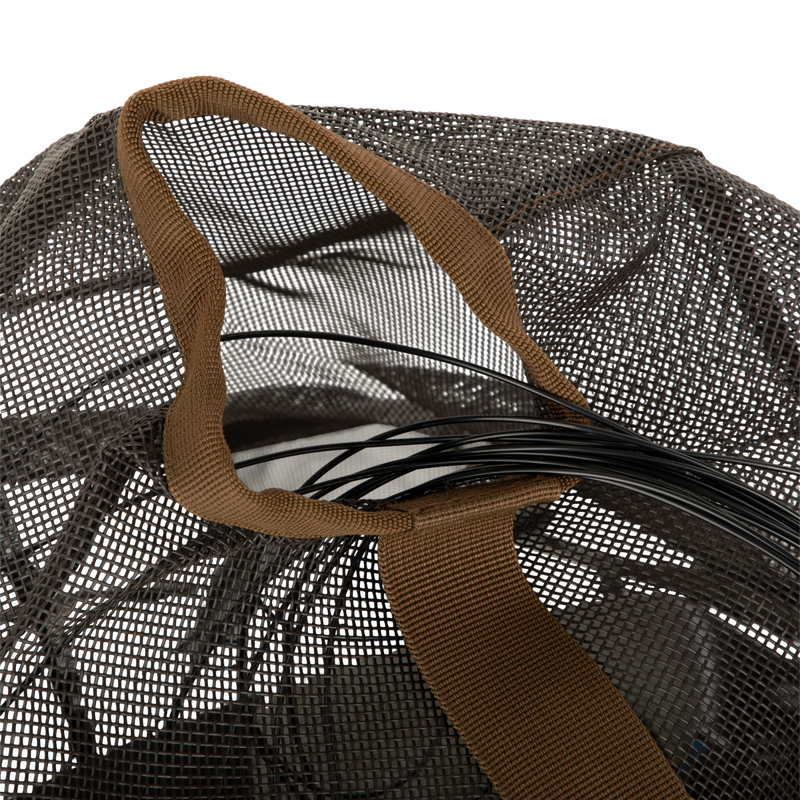 Texas Rig Mesh Decoy Bag: Durable mesh bag with brown handle for storing and transporting decoys. PVC coated main bag, polyester bottom, and webbing straps for secure organization. External loops for carabiners.