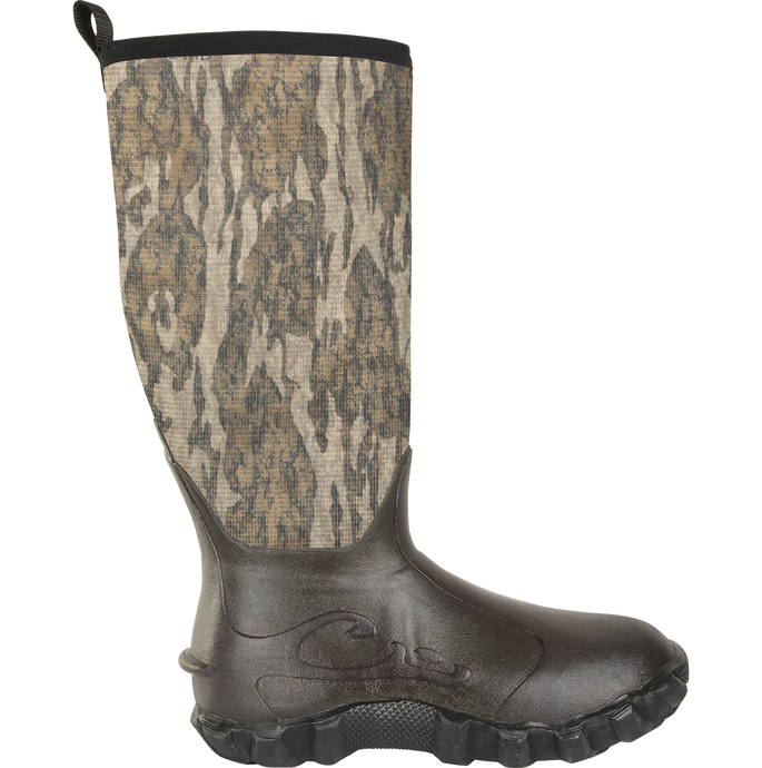 Knee High Mud Boot 2.0 for avid hunters and outdoorsmen. Features camouflage pattern, 6mm neoprene uppers, Buckshot Mud soles for traction. Ideal for all-day hunts. From Drake Waterfowl.