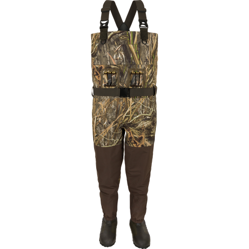 Uninsulated Guardian Elite Vanguard Breathable Waders with 1600g Thinsulate Buckshot Mud Boots, handwarmer pockets, cargo pouch, and shell loops. Ideal for extreme hunting conditions.