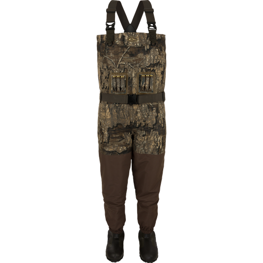 A product image alt text for the Insulated Guardian Elite Vanguard Breathable Waders - Realtree: "Camouflage overall with gun belt and boots, ideal for cold conditions. Waterproof, windproof, and breathable fabric with reinforced seams and insulation for warmth and comfort. Perfect for hunting and fishing."