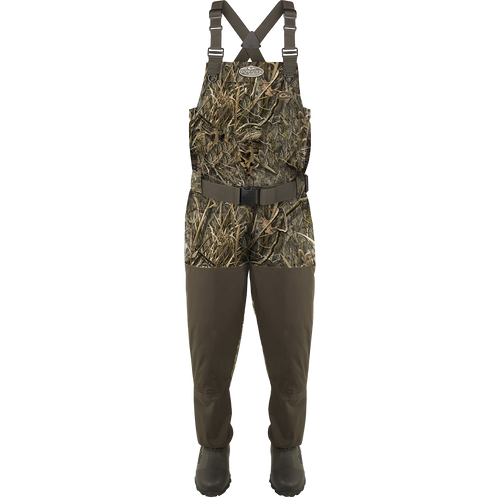 Insulated Breathable Chest Wader with Sewn-in Liner, LokDown insulation, and HD2 protection. Features Thinsulate Mud Boot, X-Crossing-Back Straps, Cargo Pouch, and Zippered Pouch. From Drake Waterfowl.