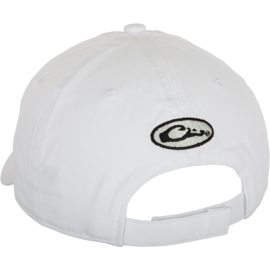 White Out Cotton Twill 6-Panel Ball Cap with embroidered logos on front and back. Classic, breathable, and adjustable for all occasions.