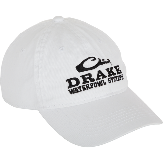 White Out Cotton Twill 6-Panel Ball Cap with embroidered logos, breathable cotton, and adjustable closure. Classic look and comfort.