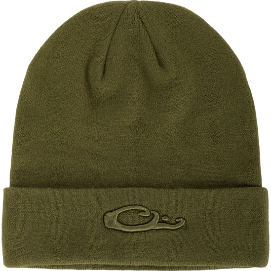 LST Rib-Knit Stocking Cap: A green beanie with an embroidered Drake "duck head" logo. Comfortable and versatile for field or casual wear.