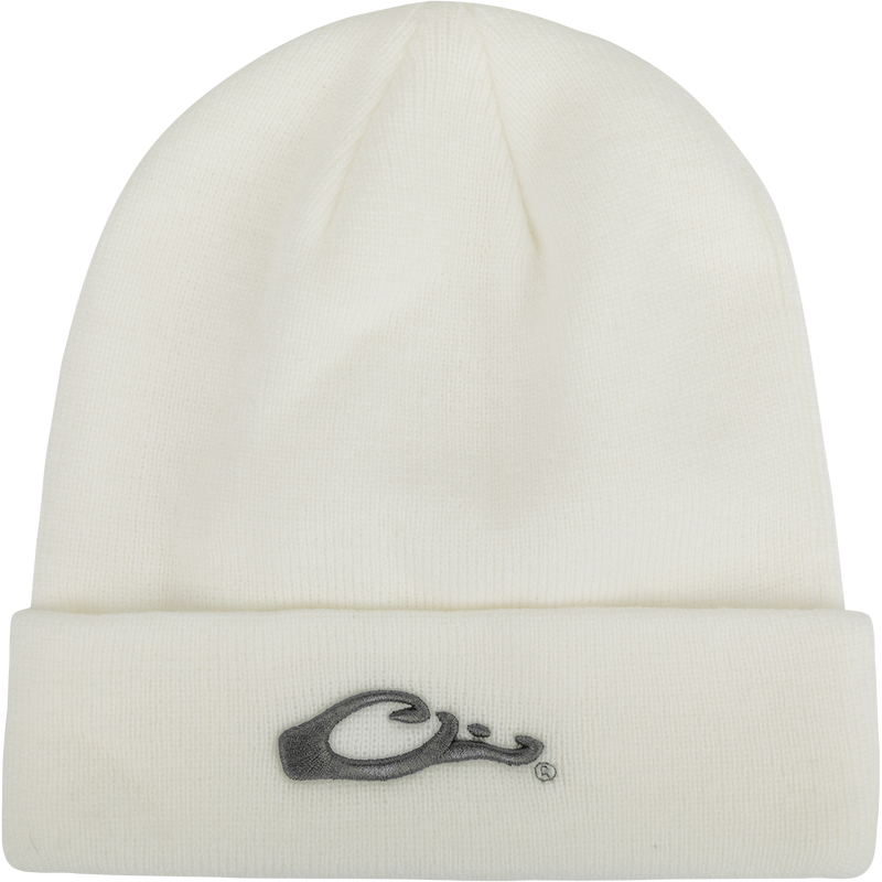 A white beanie with an embroidered Drake 