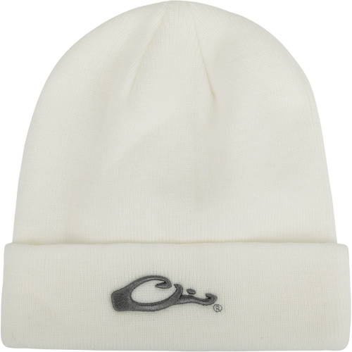 A white beanie with an embroidered Drake 