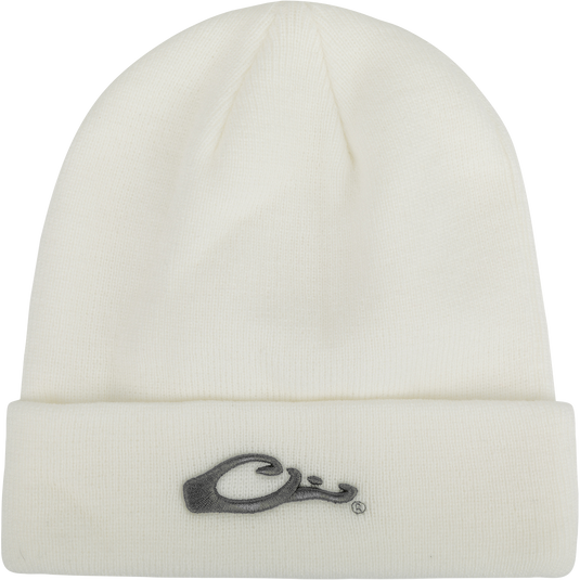 A white beanie with an embroidered Drake "duck head" logo, perfect for outdoor enthusiasts. One size fits most.