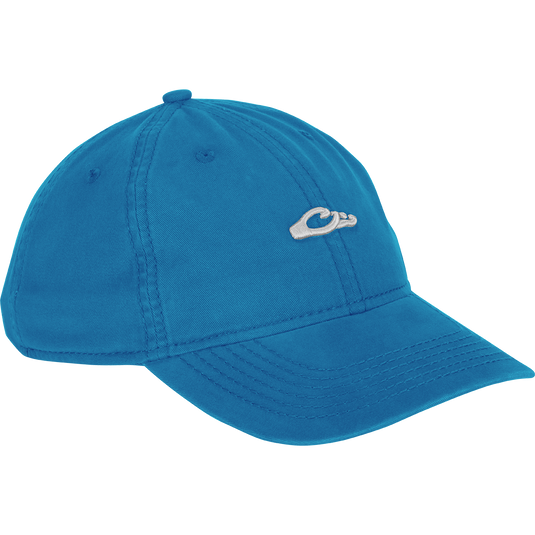Cotton Twill Logo Cap - A low-profile blue baseball cap with a silver hand gesture logo. Crafted with 100% cotton twill, leather strap backing, and a contoured bill. Perfect for pushing yourself to the limit in style.