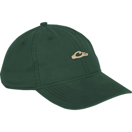 Cotton Twill Logo Cap - A low-profile green baseball cap with a gold hand symbol. Crafted with 100% cotton twill, leather strap backing with brass buckle, and contoured bill. Perfect for pushing yourself to the limit in style.
