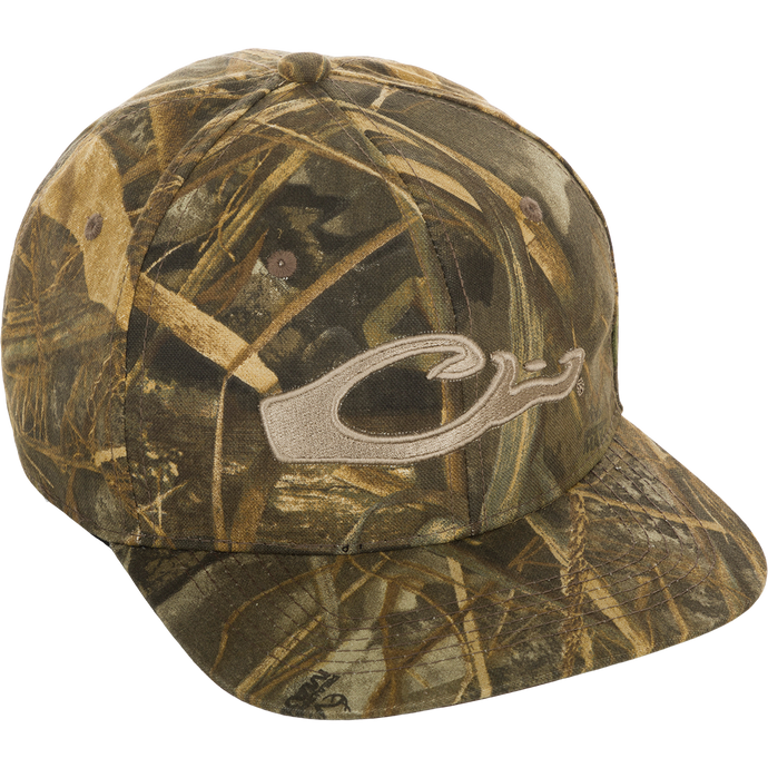 Camo cap with raised embroidered logo and adjustable snapback closure. Six-panel construction with structured front panels for a good fit.