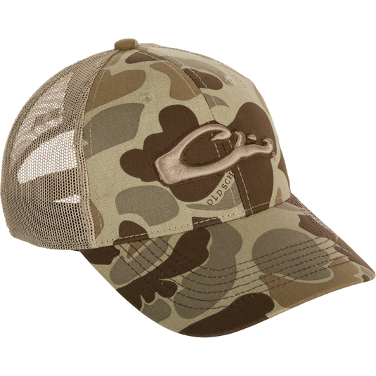 A 6-panel camo mesh-back cap made from 100% cotton. Features low-profile construction, lightly structured front panels, and a secure hook & loop back closure. Includes the Drake "duck head" logo for added style. Keep your head covered in comfort and style with this 6-Panel Camo Mesh-Back Cap.