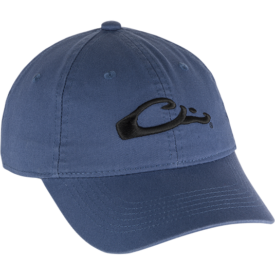 A low-profile cotton twill cap with a contoured bill and brass buckle back strap. Ideal for everyday wear.