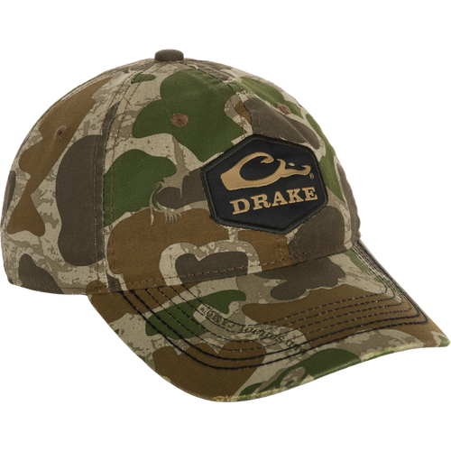 Camo Cotton Twill Hex Patch Cap - A low-profile, breathable hat with a logo. Unstructured front panels and hook and loop closure for a secure fit. Perfect for any adventure!