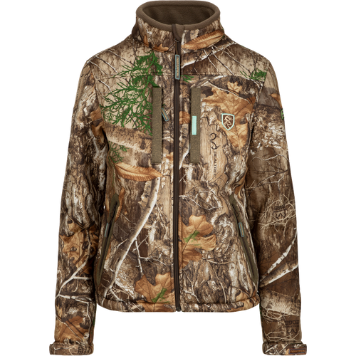 A women's Silencer Full Zip Jacket in full camouflage pattern with Agion Active XL scent control technology, featuring vertical chest pockets and lanyards.