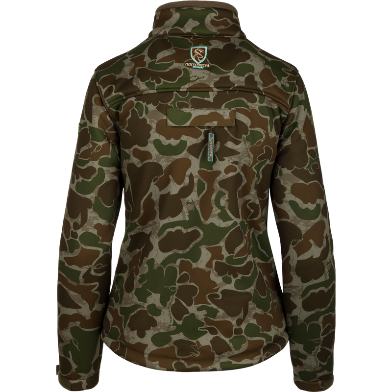A women's Silencer Full Zip Jacket in full camo pattern with Agion Active XL scent control technology, featuring vertical chest pockets and lanyards.