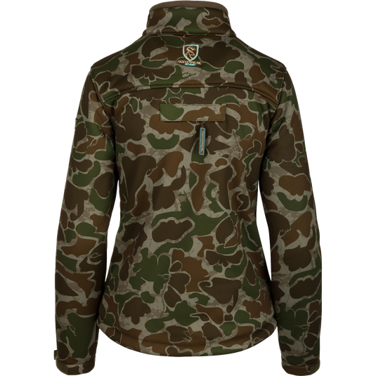 A women's Silencer Full Zip Jacket in full camo pattern with Agion Active XL scent control technology, featuring vertical chest pockets and lanyards.
