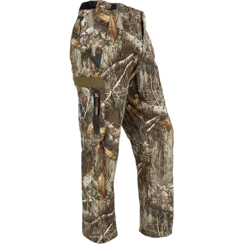 A pair of lightweight EST Camo Tech Stretch Pants made from 100% polyester. Features adjustable waistband, multiple pockets, and elastic ankle cinch cord. Perfect for hunting and outdoor activities.