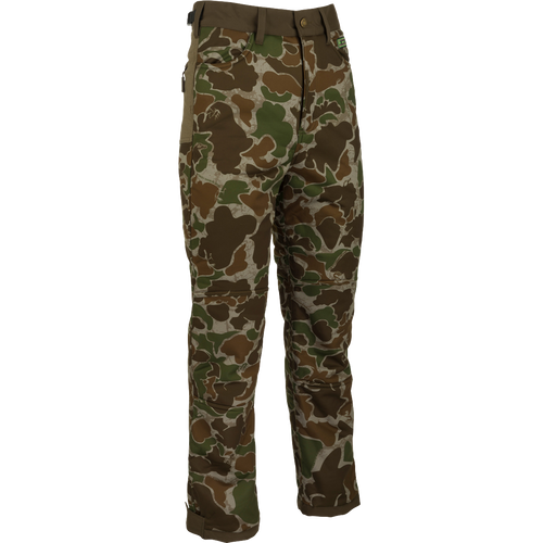 A pair of Standstill Windproof Pants with Agion Active XL® - perfect for late-season hunts. Soft, quiet, and durable fabric. Features scent control technology, adjustable waist, cuffs, and multiple pockets. High-quality hunting gear from Drake Waterfowl.