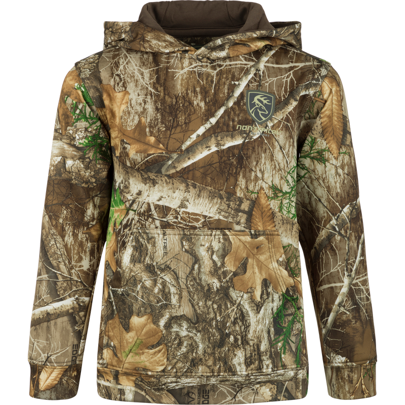 Youth Performance Hoodie - Realtree: A camouflage hoodie with a deer logo, double-lined hood, and kangaroo pouch. Soft, combed fleece interior for comfort and moisture management. Improved fit and stretch for increased range of motion. Perfect for everyday use and tough enough for the field.