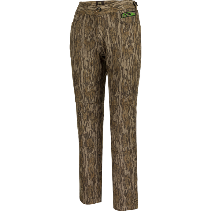 Women's Endurance Jean Cut Pant with Agion Active XL, a pair of camouflage pants for unpredictable mid-season weather. Comfortable, sleek, and silent shell fabric with stretch. Features front and rear pockets, adjustable waist, and odor control technology.