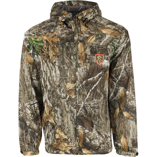 Ultralight Performance Waterproof Pack Shell Jacket with Agion Active XL, a camouflage jacket with leaves and a deer logo.