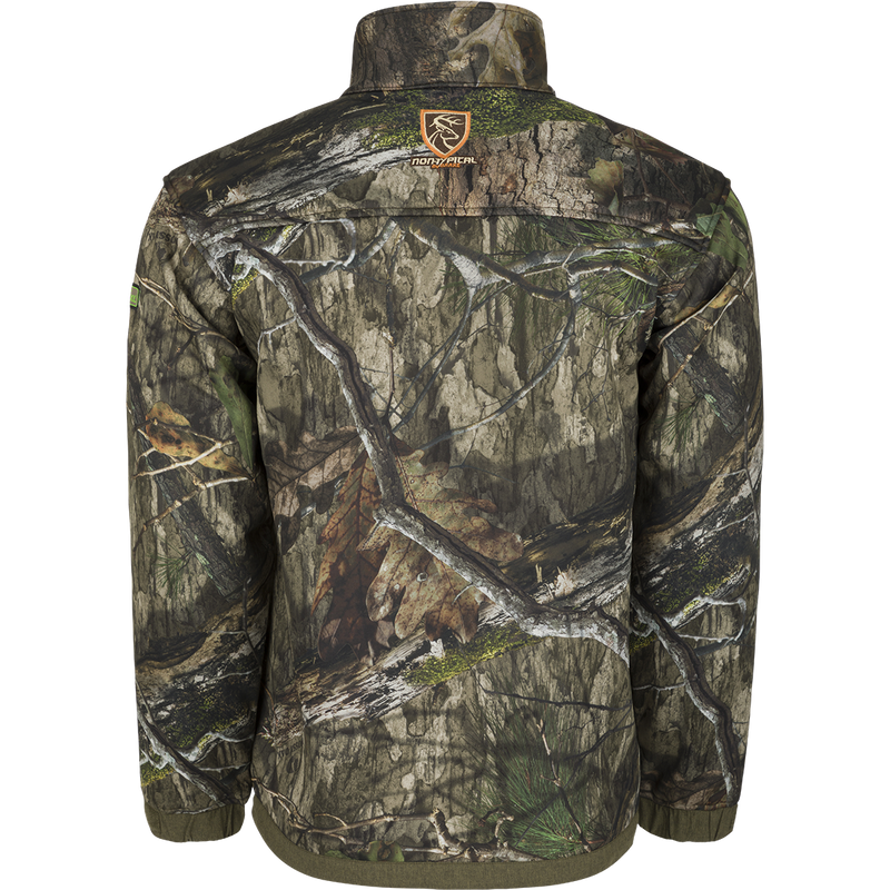 A lightweight camouflage jacket with a logo on the back, featuring a deep quarter-zip neck and a vertical magnetic chest pocket. Perfect for cool fall days and equipped with Agion Active XL® odor control technology.