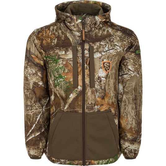 Non-Typical Endurance Full Zip Jacket w/Hood: camouflage jacket with deer logo, zipper, close-up of pattern.