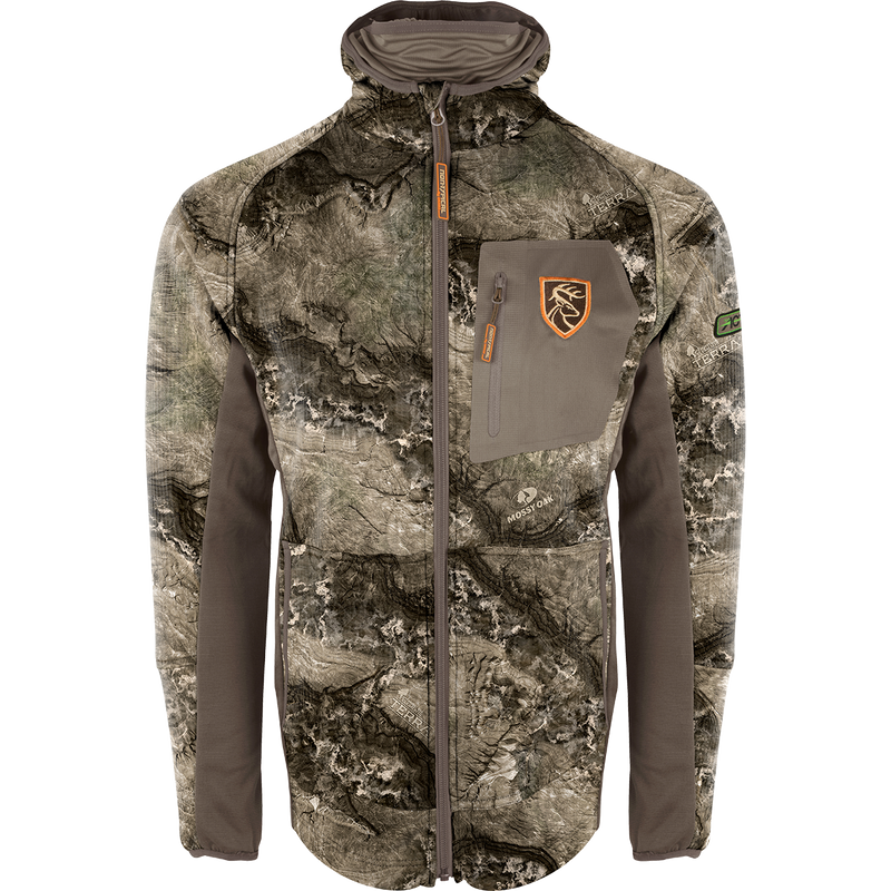 A lightweight camo jacket with a zippered chest pocket and built-in facemask. Perfect for hot days and cool nights. From Drake Waterfowl.