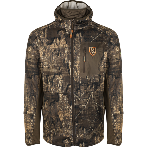 A lightweight performance jacket with camo pattern and a full zip. Perfect for warm days and cool nights. Features Agion Active XL® scent control technology.