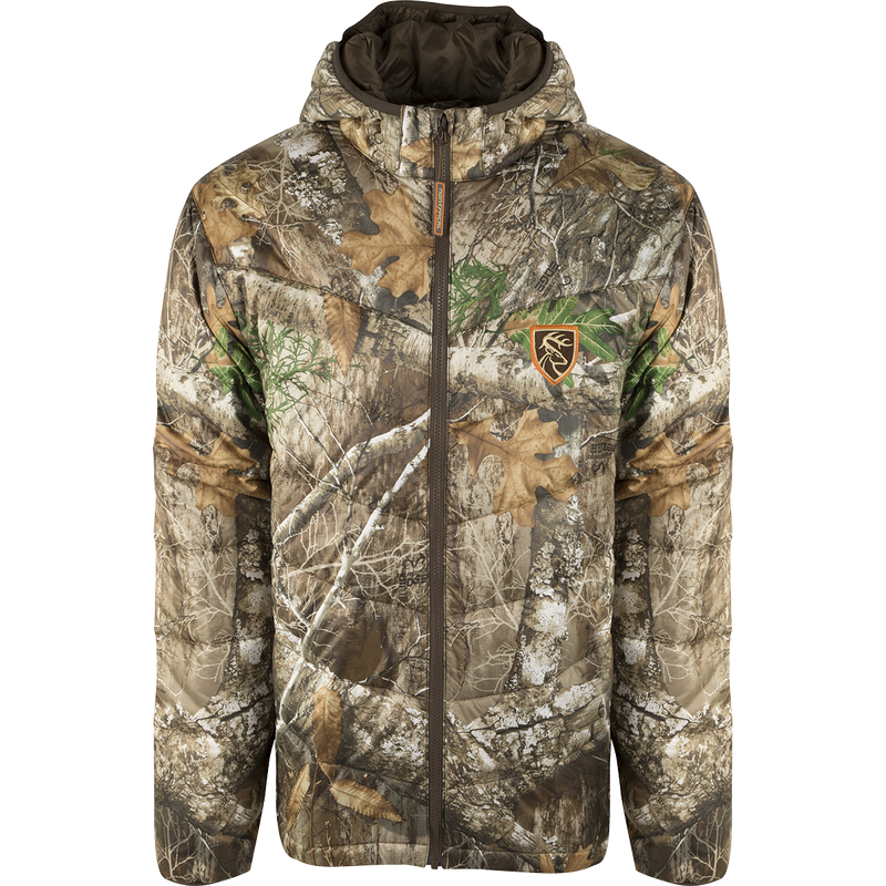 A lightweight down jacket with a camouflage pattern, featuring Agion Active XL® scent control technology. Ideal for cold hunts or chilly nights at camp.