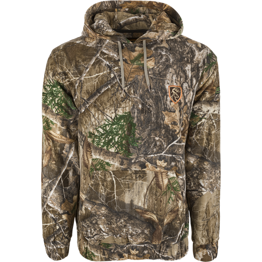 A Storm Front Fleece Midweight 4-Way Stretch Hoodie with Agion Active XL - Realtree. A camouflage hoodie with a logo on it, perfect for cool days.