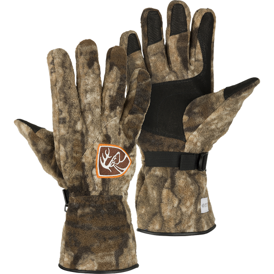 Non-Typical MST Windstopper Fleece Camo Shooter's Gloves by Drake Waterfowl: Windproof fleece gloves with leather palm and neoprene cuff for hunting in harsh winter conditions.