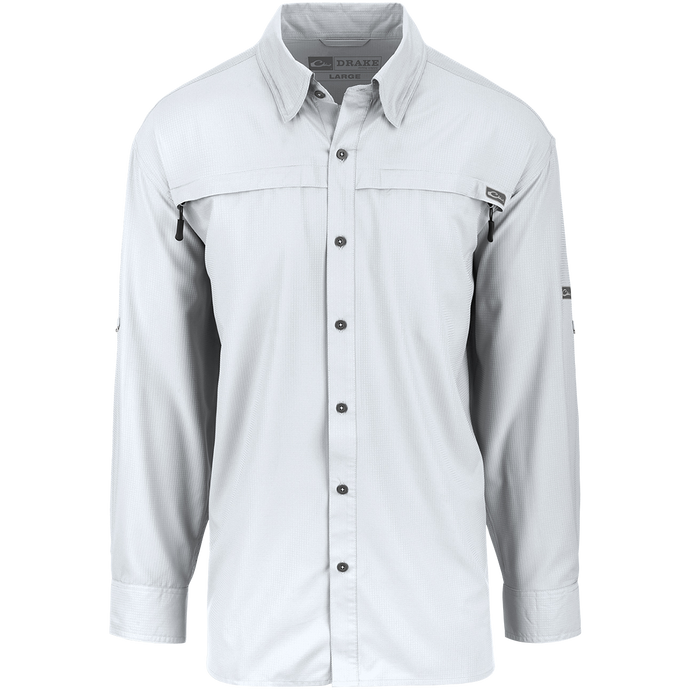 A lightweight, stretchy textured fabric shirt with a collar and buttons. Made from 100% polyester dobby fabric, it offers UPF 30 sun protection and moisture-wicking technology. Perfect for both outdoor activities and casual occasions.