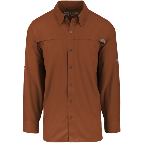 Town Lake L/S Shirt: A lightweight, stretchy textured shirt with a button-up front and shirt collar. Made from 100% polyester dobby fabric, it offers UPF 30 sun protection and moisture-wicking technology. Perfect for field or dinner wear.