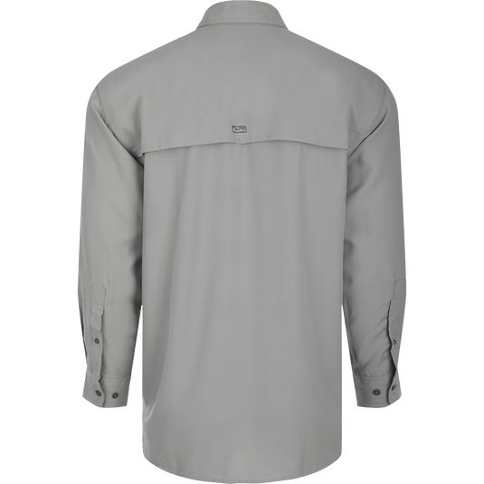 A lightweight, stretchy textured fabric shirt with a back view. Made from 100% polyester dobby fabric, it's breathable and moisture-wicking. Perfect for both field and dinner wear.