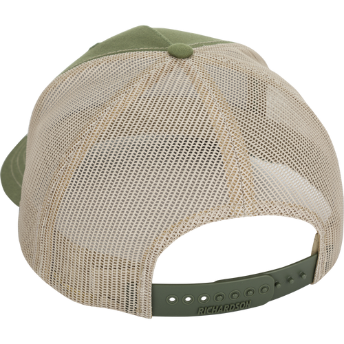 A close-up of the DPF 5-Panel Tri-Patch Cap, a green hat with a mesh backing and snap-back closure.
