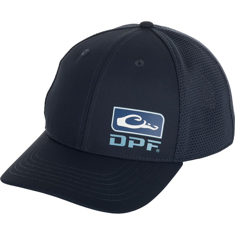 DPF Badge Logo Performance Cap, a structured low-profile crown hat with a pre-curved visor and adjustable snapback closure. Made of 100% polyester ripstop and performance mesh. Perfect for outdoor activities. From Drake Waterfowl store.