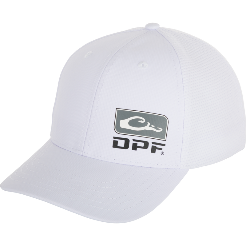 A white DPF Badge Logo Performance Cap with a slightly pre-curved visor and adjustable snap back closure. Perfect for a day on the water.