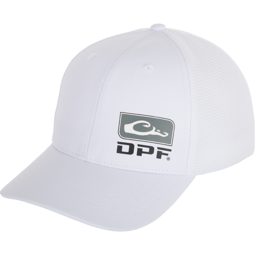 A white DPF Badge Logo Performance Cap with a slightly pre-curved visor and adjustable snap back closure. Perfect for a day on the water.