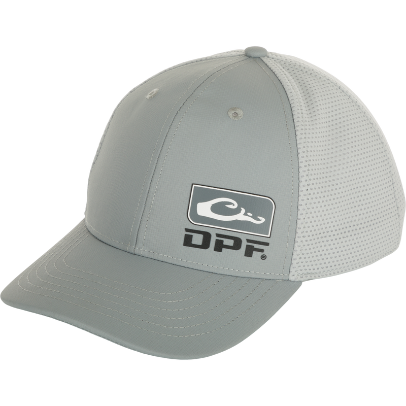 DPF Badge Logo Performance Cap, a structured six-panel hat with a logo on it. Made of polyester ripstop and performance mesh, it offers sun protection and a comfortable fit. Perfect for a day on the water. From Drake Waterfowl's Performance Fishing Series.