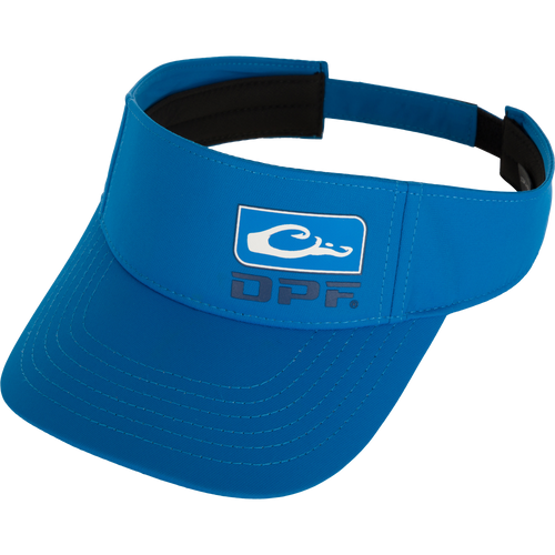 DPF Badge Logo Performance Visor, a sun-protective blue visor with a logo, perfect for a day on the water.