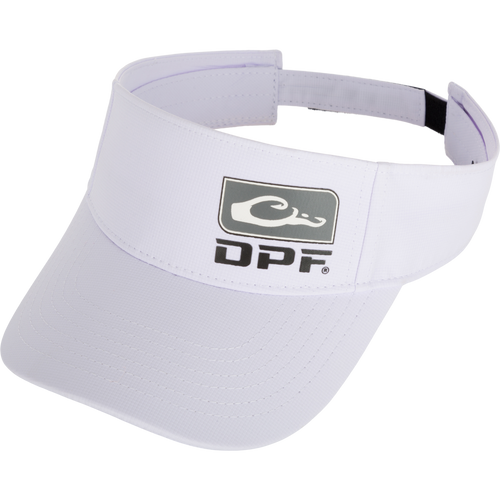 A white visor with the DPF Badge Logo, perfect for sun protection and a comfortable fit. From the DPF Performance Fishing Series.