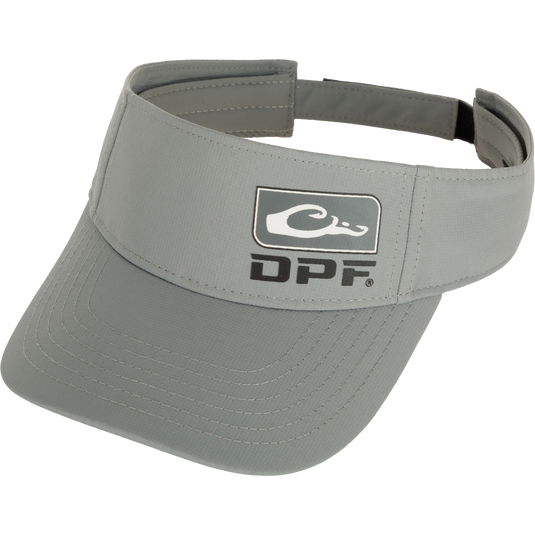 A grey visor with a logo, perfect for sun protection and a comfortable fit. From the DPF Badge Logo Performance Visor in the Drake Waterfowl store.