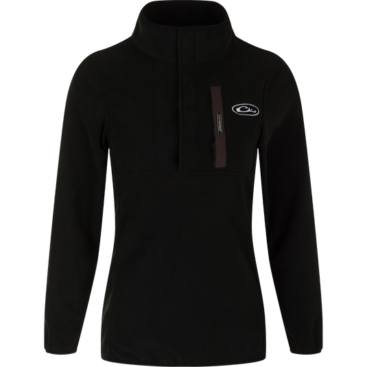 A black jacket with a zipper, part of the Women's Camp Fleece Pullover 2.0 collection by Drake Waterfowl.