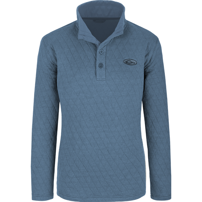 Women's Delta Quilted Sweatshirt, a blue long-sleeved shirt with logo, button, collar, and banded cuff. Stay warm and stylish on chilly days.