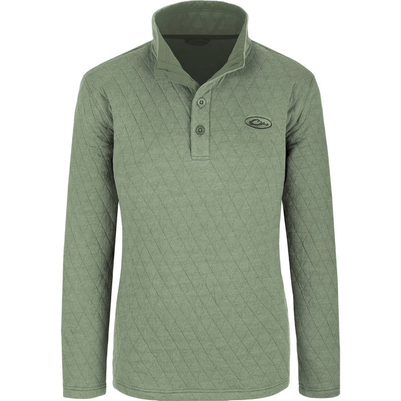 Women's Delta Quilted Sweatshirt, a green long sleeved shirt with button placket collar, banded cuff, and built-in stretch. Perfect for chilly days!