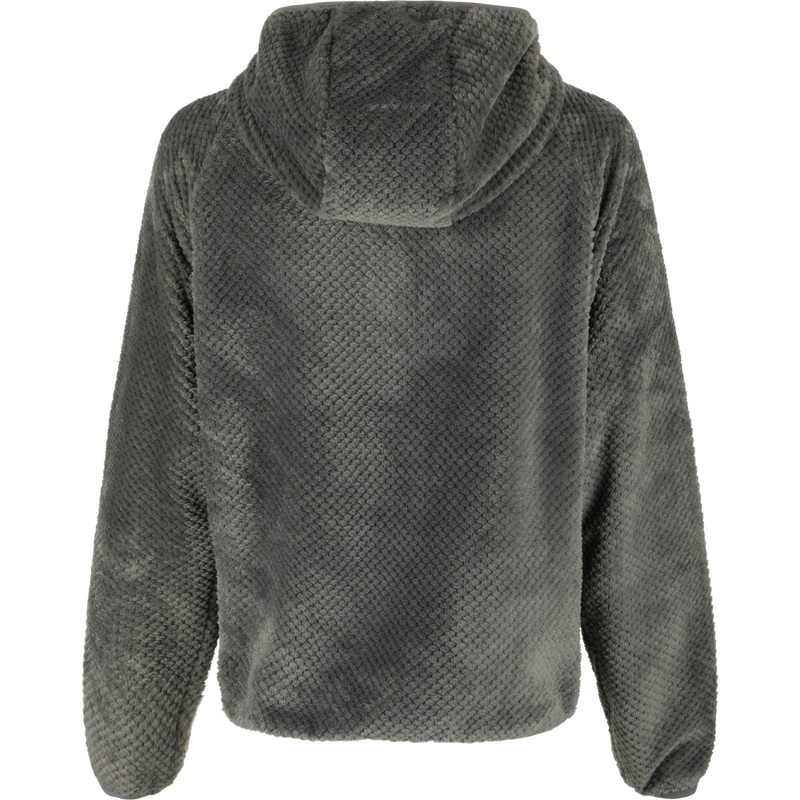 A women's sherpa hoodie made from premium quality polyester fleece, perfect for staying warm and stylish this winter. Features YKK half-zip, zippered side pockets, and elasticated hood, hem, and cuffs.