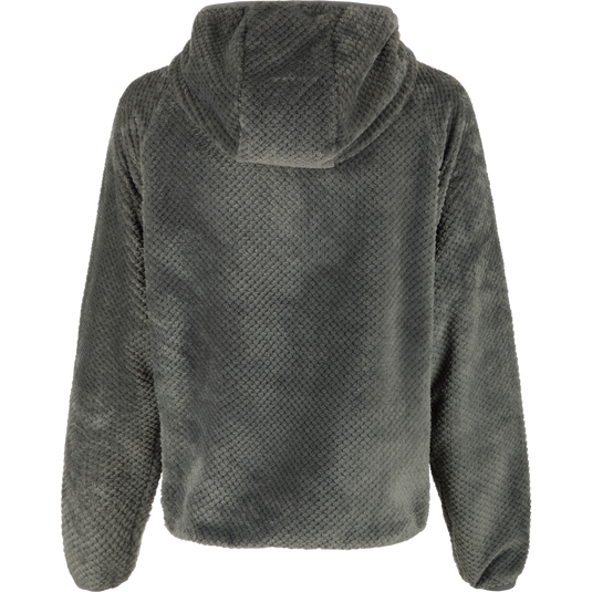 A women's sherpa hoodie made from premium quality polyester fleece, perfect for staying warm and stylish this winter. Features YKK half-zip, zippered side pockets, and elasticated hood, hem, and cuffs.