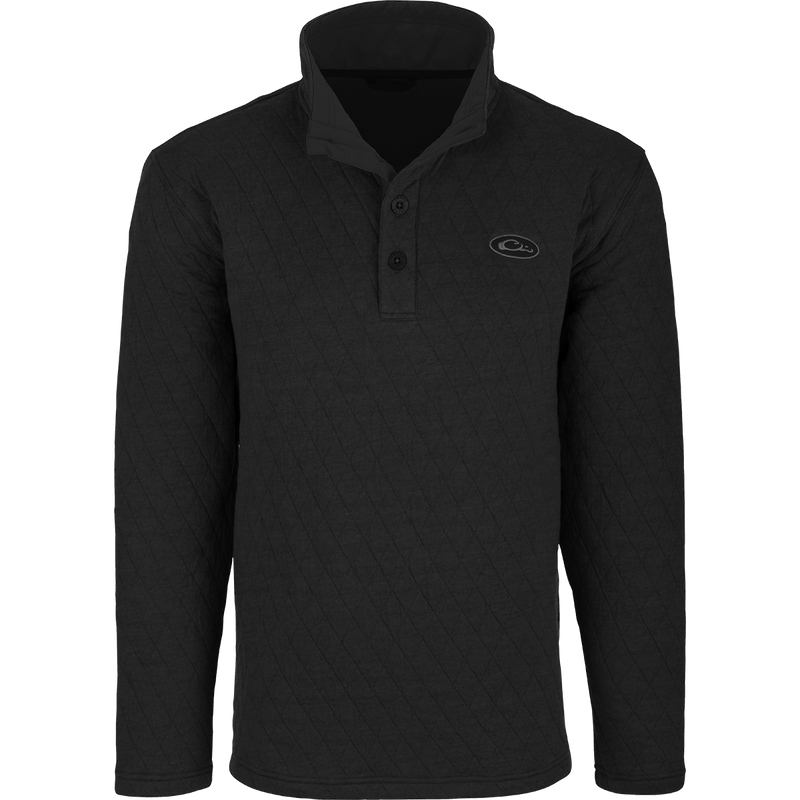 A black Delta Quilted Sweatshirt with a button front, perfect for active outdoorsmen in cooler weather. Features a 100% polyester fleece lining, 100% cotton shell fabric, and square check fleece backing. Ideal for checking trail cams, setting up food plots, and other cool day activities.