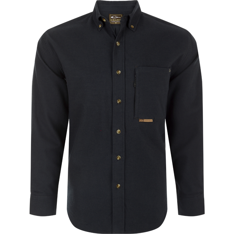 A black long-sleeved shirt with button-down collar, chest pockets, and houndstooth pattern. Perfect for cool weather.